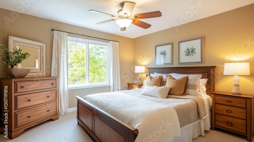Spacious Arafed bedroom with a well-arranged bed, matching dresser, and ceiling fan, showcasing a warm and inviting design. Copy space.