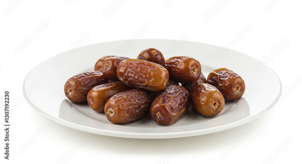 Fresh, ripe dates arranged on a white plate with a clean background Fresh, ripe dates arranged on a white plate with a clean background