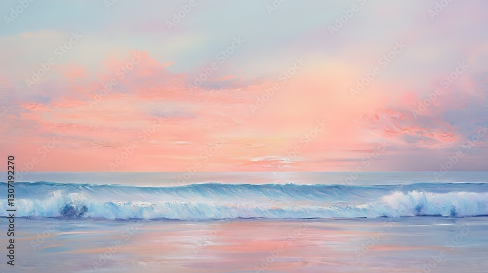 Fototapeta premium Soft pastel sunset over the ocean, gentle waves reflecting the pink and orange hues, tranquil beach scene, serene atmosphere, ultra-detailed, high definition.