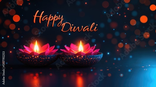 Happy diwali celebration with glowing diyas and colorful bokeh lights. Diwali, Deepavali, Festival of Lights, Dipawali - Hindu Celebration, Indian Cultural Festival