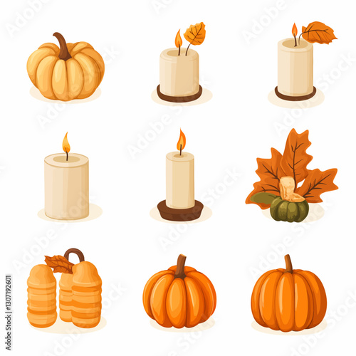 Autumn elements with pumpkins and candles in warm seasonal tones