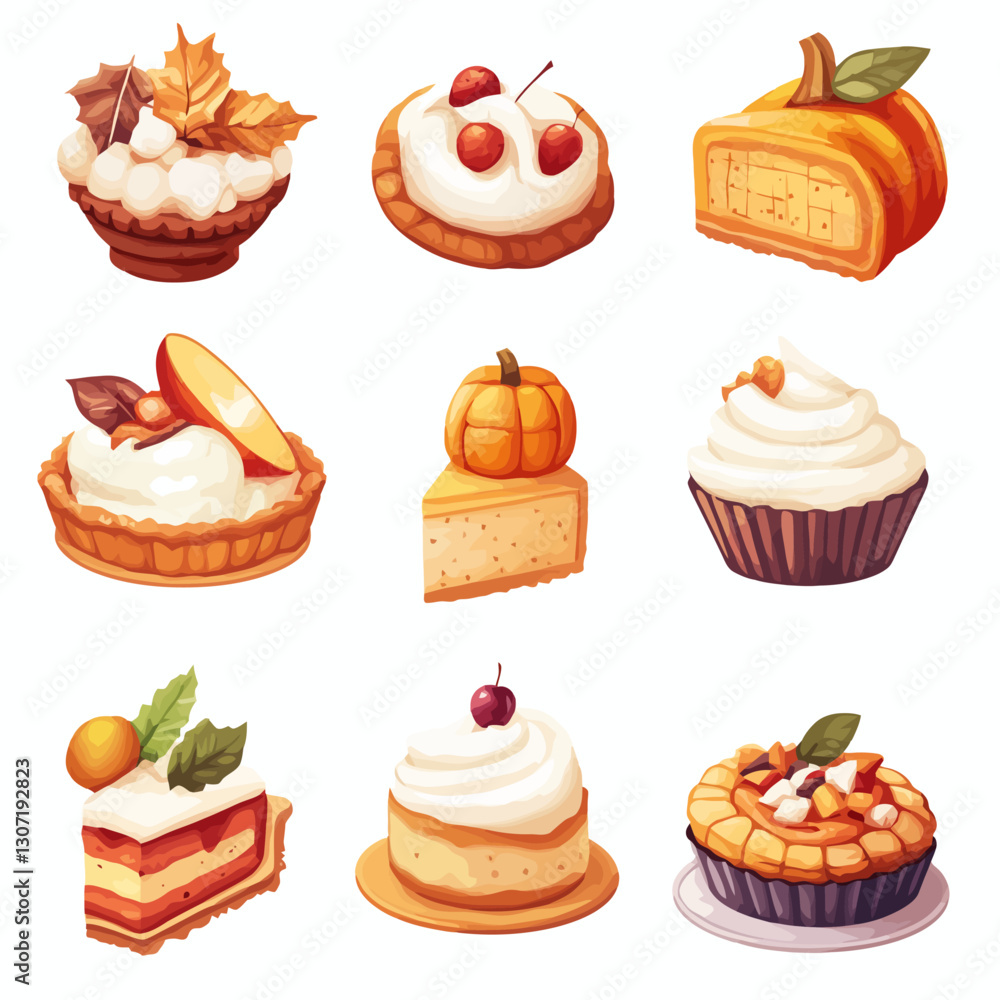 Assorted Fall Desserts: Pumpkin Pie, Apple Tart, Cherry Tart, Cupcake Assorted Fall Desserts: Pumpkin Pie, Apple Tart, Cherry Tart, Cupcake