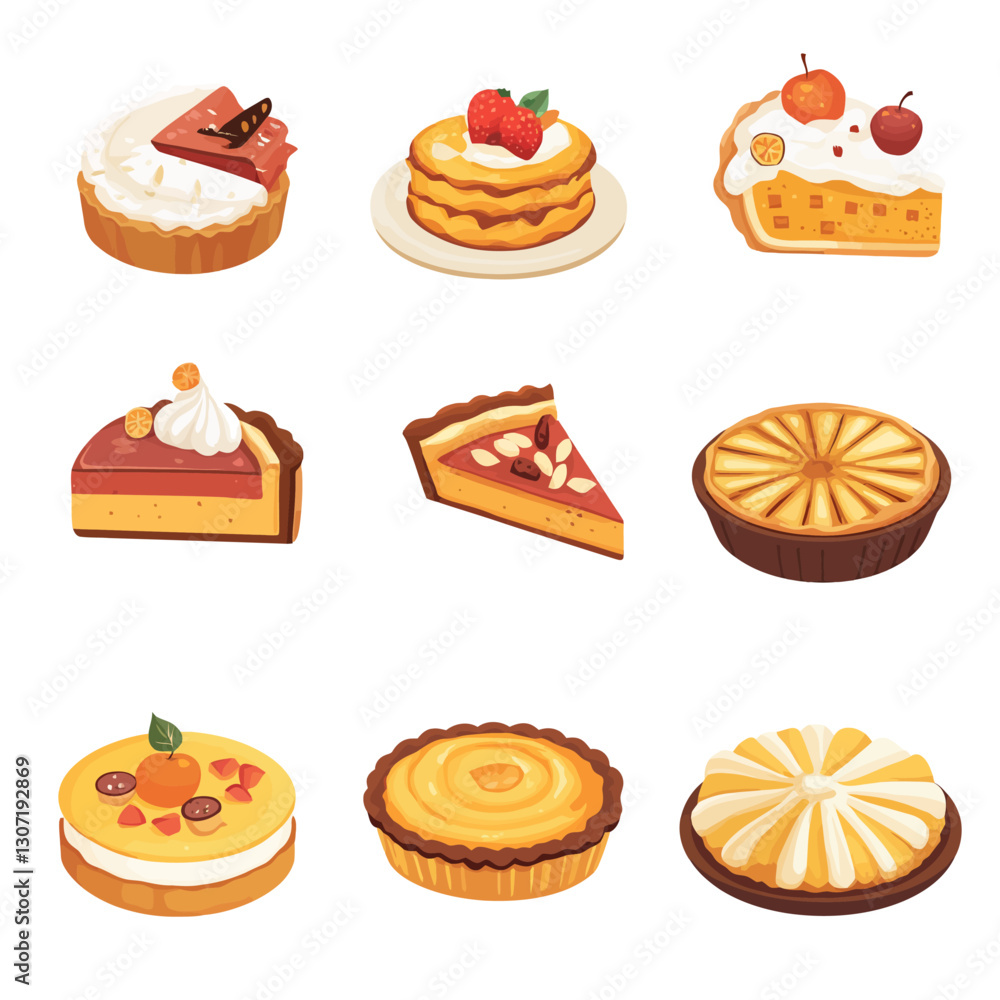 Assortment of delicious dessert pies and tarts with fruit toppings Assortment of delicious dessert pies and tarts with fruit toppings