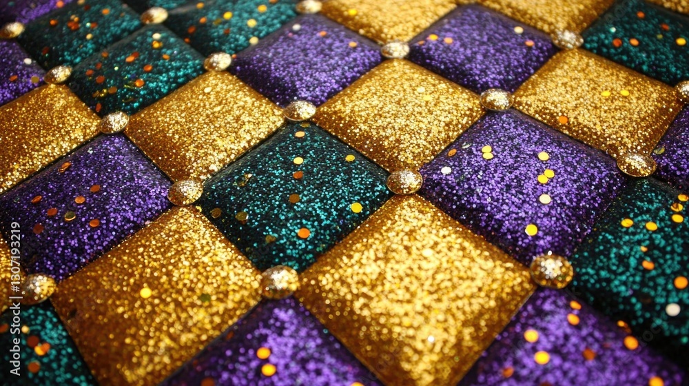 Vibrant glittery checkerboard pattern with gold, green, and purple squares. Mardi Gras, Fat Tuesday, Carnival Season. Bright Parades, Masks, Festive Costumes, Vibrant Atmosphere Vibrant glittery checkerboard pattern with gold, green, and purple squares. Mardi Gras, Fat Tuesday, Carnival Season. Bright Parades, Masks, Festive Costumes, Vibrant Atmosphere