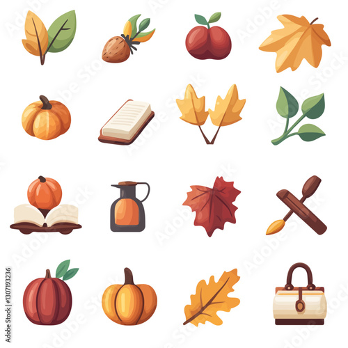 Autumnal Icon Set with Pumpkins, Leaves, Books, and Other Fall Elements