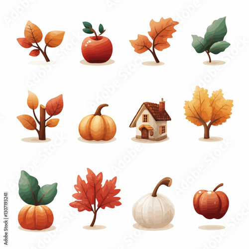 Autumn harvest icons of a house, leaves, pumpkins, and a red apple