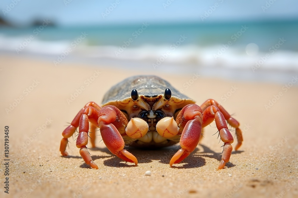 Vibrant crab on sandy beach close-up with clear blue sky horizon Vibrant crab on sandy beach close-up with clear blue sky horizon