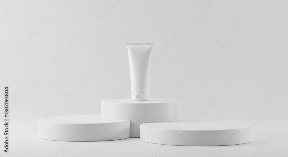 Minimalist display of a white cosmetic tube on circular pedestals in a studio Minimalist display of a white cosmetic tube on circular pedestals in a studio