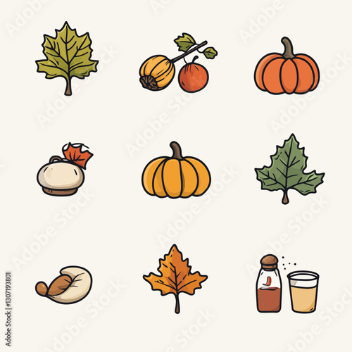 Autumn Harvest Icons: Pumpkins, Leaves, Spiced Drink, and Candied Fruit