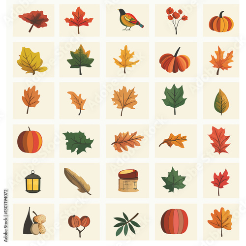 Fall elements collage with leaves, pumpkins, and autumn harvest design