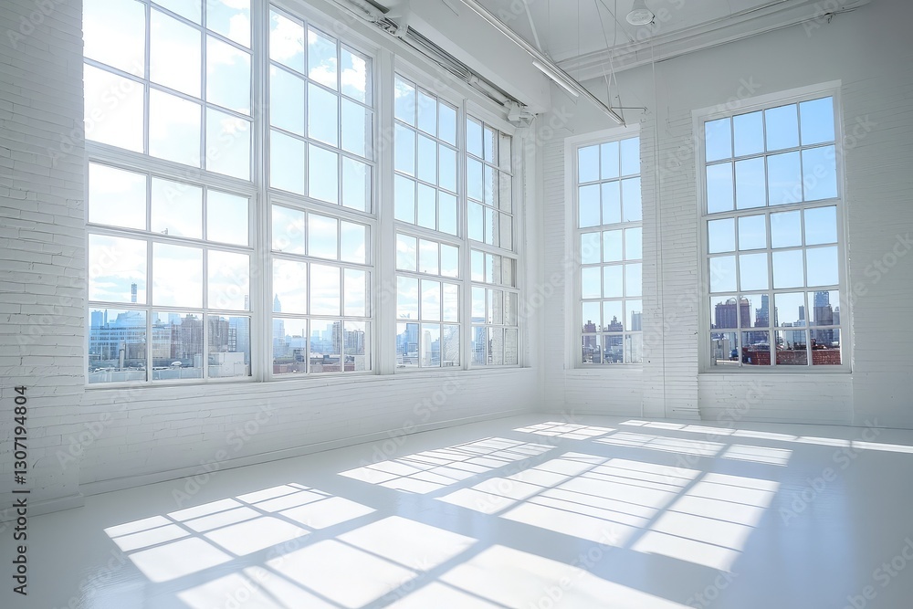 Fototapeta premium Sunny white loft interior with big windows. AI generated illustration.