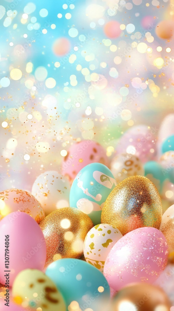 Colorful easter eggs with glitter and patterns against soft pastel background. Easter, Pascha, Paskha, Ostern, Pascua, Paques - Orthodox and Catholic Holiday celebration Colorful easter eggs with glitter and patterns against soft pastel background. Easter, Pascha, Paskha, Ostern, Pascua, Paques - Orthodox and Catholic Holiday celebration