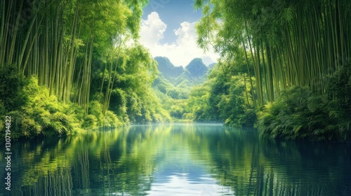Serene bamboo forest landscape with a tranquil river reflecting lush greenery and mountains