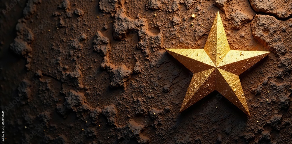 Golden star against a deep brown, rough-hewn surface , graphic, bright, star Golden star against a deep brown, rough-hewn surface , graphic, bright, star
