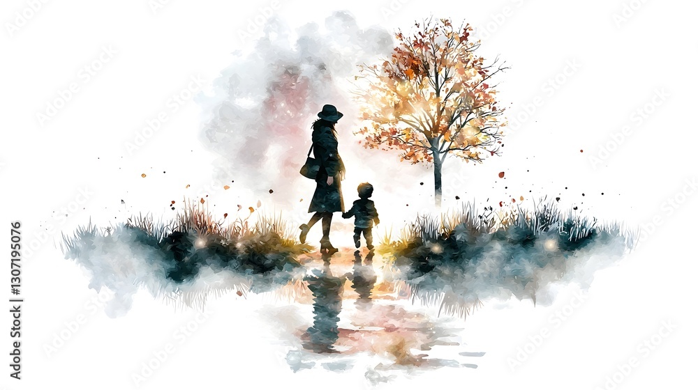 Fototapeta premium A delicate and watercolor composition of a mother and her little boy enjoying a quiet walk their silhouettes softly blending into a dreamy autumn background representing warmth connection