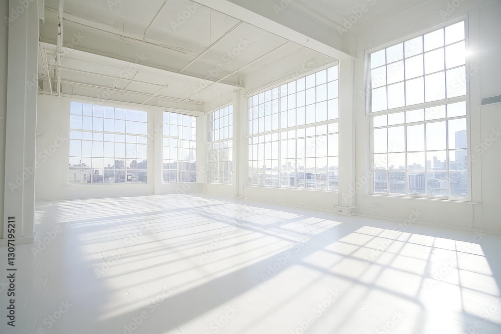 Fototapeta premium Sunny white loft interior with big windows. AI generated illustration.