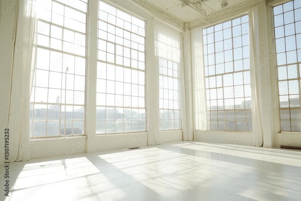 Fototapeta premium Sunny white loft interior with big windows. AI generated illustration.