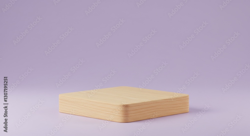 Minimalistic wooden display platform on a soft purple background for product showcasing Minimalistic wooden display platform on a soft purple background for product showcasing