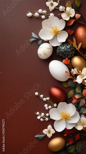 Elegant easter egg arrangement with blossoms on brown background. Easter, Pascha, Paskha, Ostern, Pascua, Paques - Orthodox and Catholic Holiday celebration