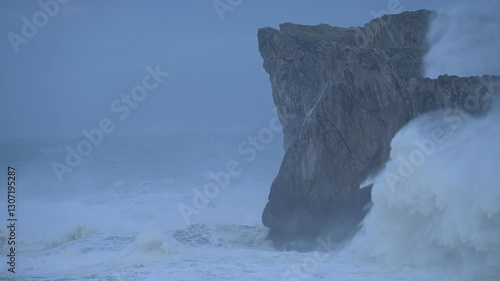 Powerful Storm Wild Waves on the Cantabrian Sea, Asturias Coast, Spain