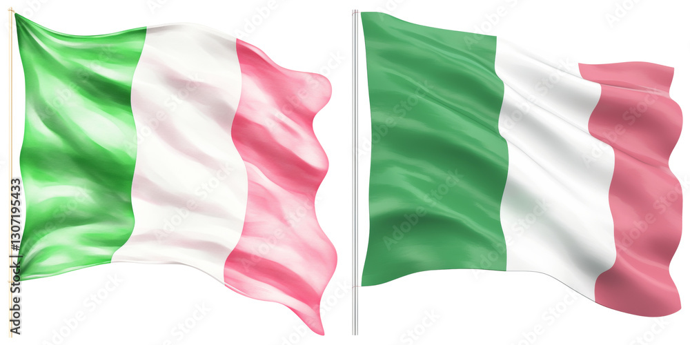 Obraz premium Two Italian flags waving in wind, showcasing green, white, and red tricolor design