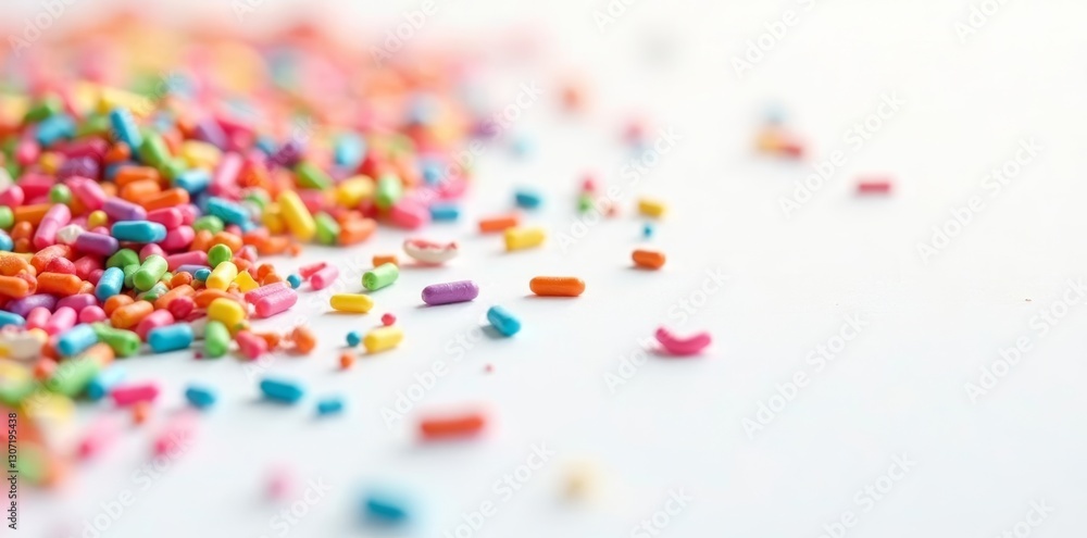 Rainbow sprinkles scattered on white background, cupcake, colorful, macro Rainbow sprinkles scattered on white background, cupcake, colorful, macro