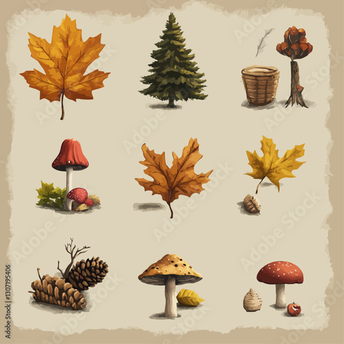 Autumn Elements: Maple Leaves, Pine Tree, Mushrooms, Cones Still Life