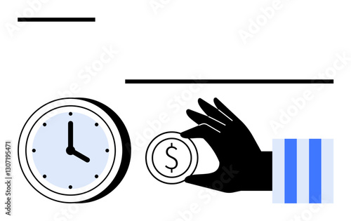 Hand grasping coin, clock beside it. Ideal for time management, saving, investment, productivity, financial planning, business strategy and balance themes. Vector style with flat simple metaphor