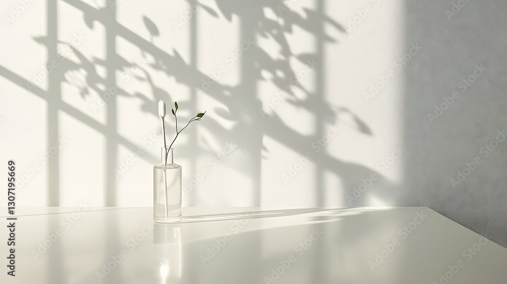 Minimalist Glass Vase with Plant Shadows on White Table in Bright Natural Light Setting Minimalist Glass Vase with Plant Shadows on White Table in Bright Natural Light Setting