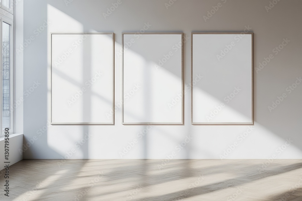 Obraz premium Three blank big mockup posters on wall. AI generated illustration.