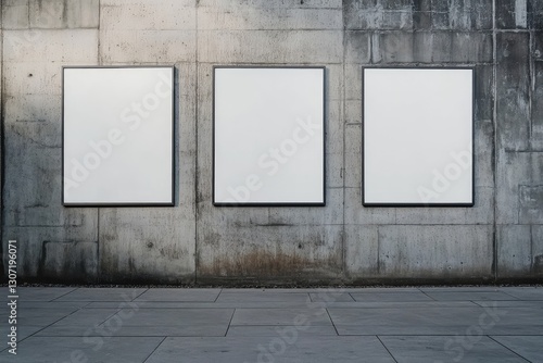 Three blank big mockup posters on wall. AI generated illustration.