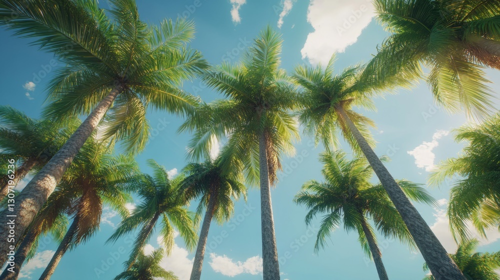 Tall palm trees swaying gently against a bright blue sky, vibrant green leaves, tropical summer vibe, serene and peaceful atmosphere, ultra-realistic, 4K. Tall palm trees swaying gently against a bright blue sky, vibrant green leaves, tropical summer vibe, serene and peaceful atmosphere, ultra-realistic, 4K.
