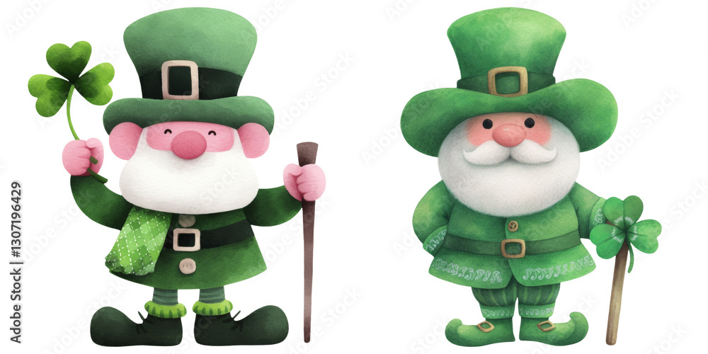 Fototapeta premium Two cheerful leprechauns in green outfits, one holding shamrock and other walking stick
