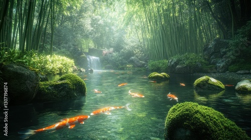 Serene bamboo forest with koi fish swimming in clear water near a gentle waterfall