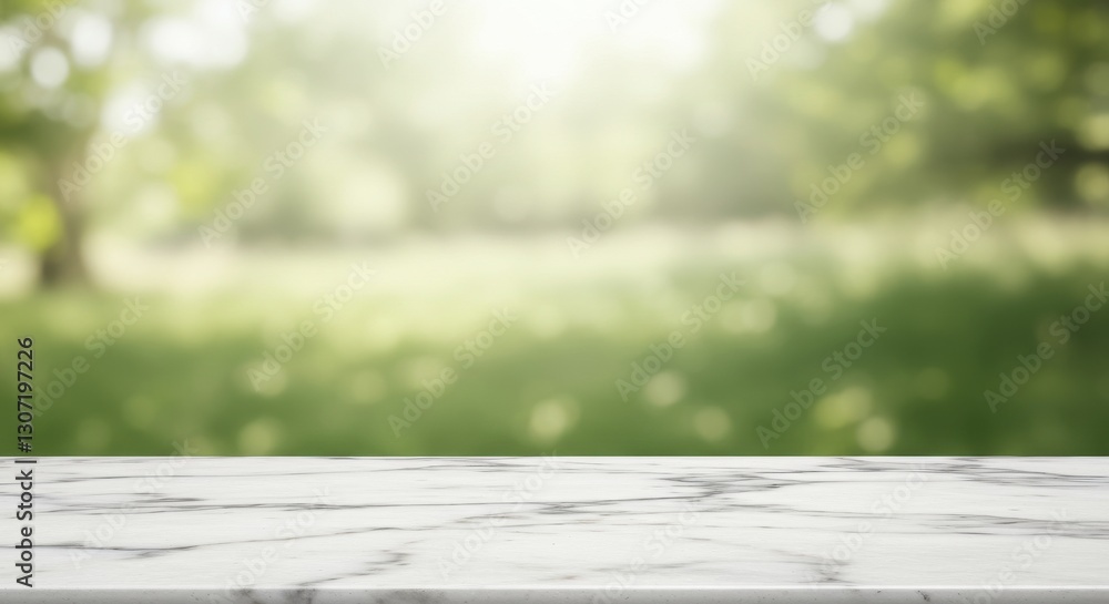 Serene marble countertop in a sunlit garden with blurred greenery background Serene marble countertop in a sunlit garden with blurred greenery background