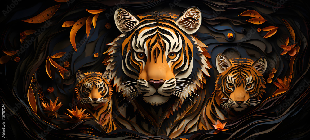 quilling paper Tiger family, ai generaTIVE quilling paper Tiger family, ai generaTIVE