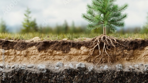Fototapeta Naklejka Na Ścianę i Meble -  Cross-section of soil layers with young pine tree and roots in forest environment