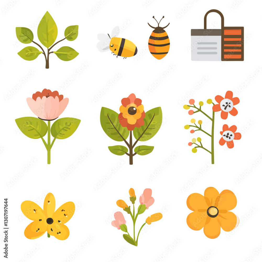 Fototapeta premium Cute floral vector set with bee illustrations in bright spring colors