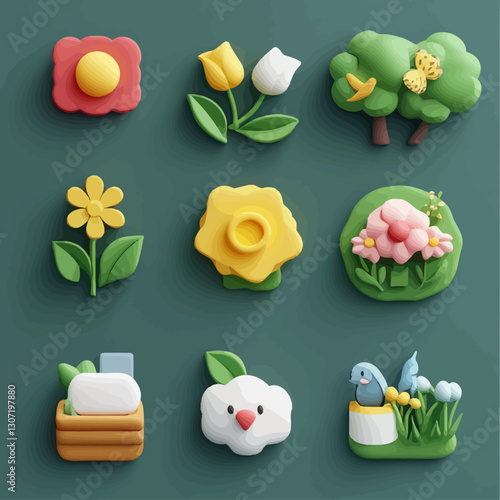 Playful clay rendering of springtime flora and fauna on green background