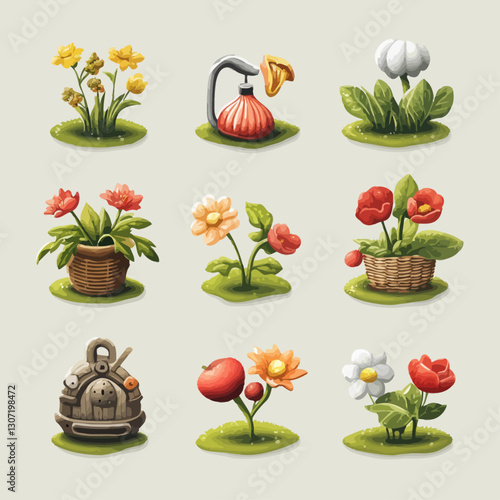 Whimsical collection of fantasy flowers and objects on grassy patches