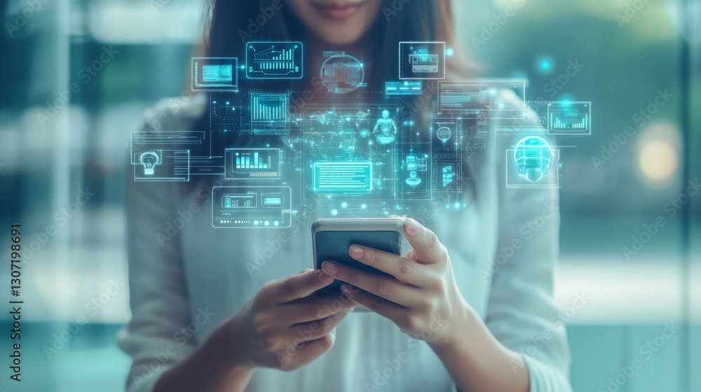 A professional holding a smartphone with a futuristic AI-powered interface floating above, displaying real-time data, chatbot conversations, and business-related icons. A professional holding a smartphone with a futuristic AI-powered interface floating above, displaying real-time data, chatbot conversations, and business-related icons.