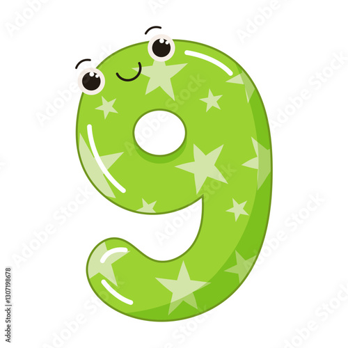 Vector illustration of colorful number nine with eyes for children