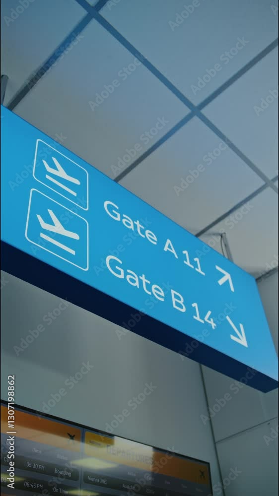 International Airport Terminal: Illuminated LED Navigation Sign Directing Passengers to Gates for Boarding Plane Flight, Hanging on Ceiling. Arrival and Departure Display. Low Angle. Vertical Shot. International Airport Terminal: Illuminated LED Navigation Sign Directing Passengers to Gates for Boarding Plane Flight, Hanging on Ceiling. Arrival and Departure Display. Low Angle. Vertical Shot.