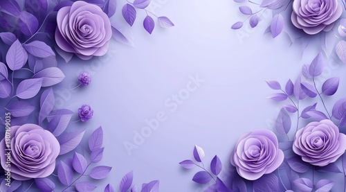 Fototapeta Naklejka Na Ścianę i Meble -  Purple roses and leaves frame on a light purple background
