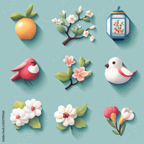 Charming still life with flowers, birds, and orange on blue background.