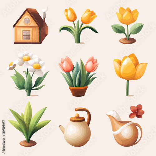 Charming Cottage, Tulips, Daisies, and Teaware: A Collection of Home Icons
