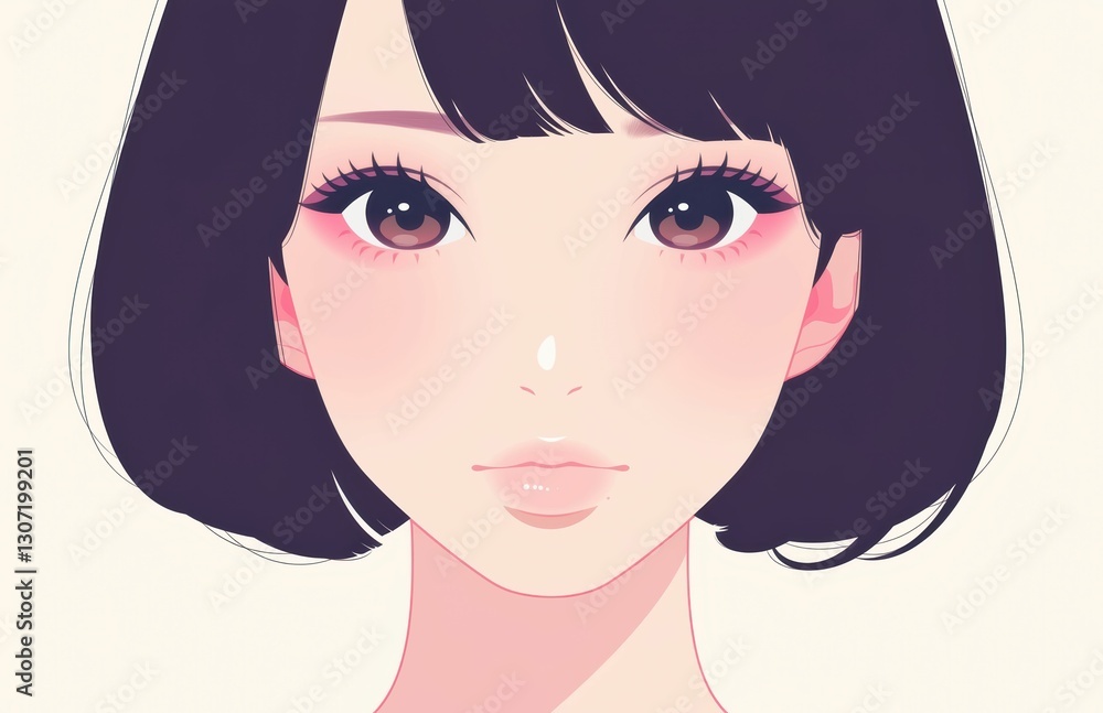 2D drawing of a girl with a neat bob cut, her short hairstyle contrasting against the white background.