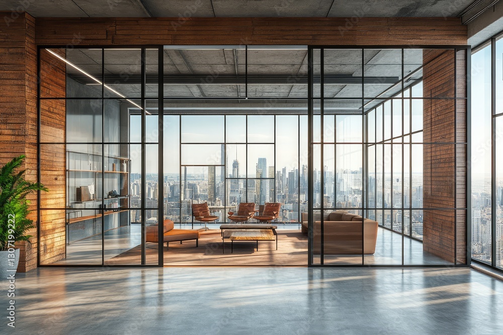 Obraz premium View through glass wall on modern loft office and city view. AI generated illustration.