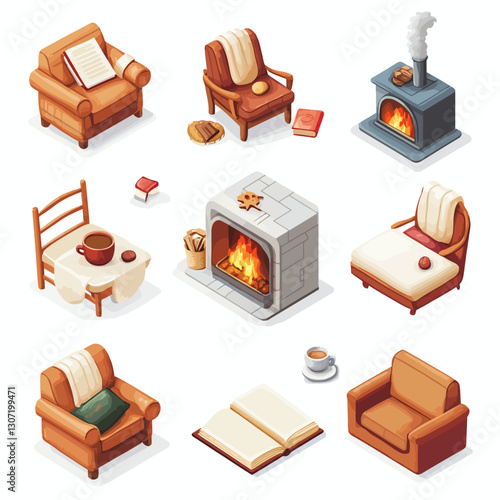 Cozy Living Isometric: Armchairs, Fireplaces, Books and Coffee Still Life