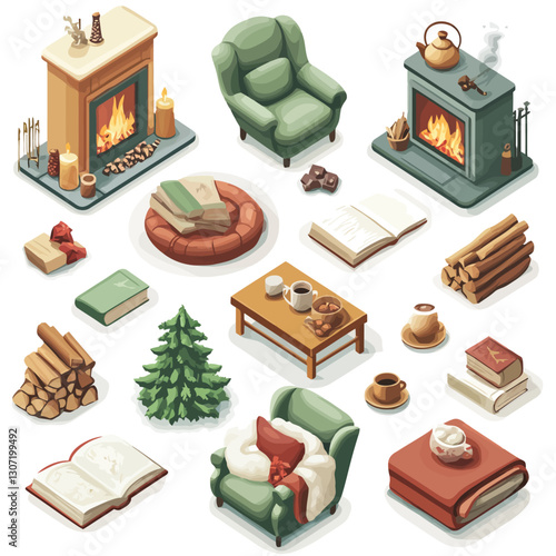 Cozy isometric living room with fireplace, books, and Christmas tree decor